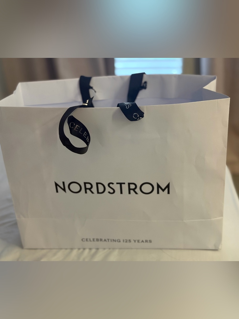 Nordstrom White Shopping Tote with Black Ribbon Handles